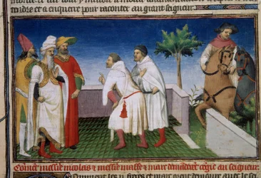 Matteo and Niccolo, the Polo brothers ask for leave from the Qubilai (Kubilai Khan, first emperor of the Mongolian Yuan dynasty). Miniature taken from The Book of Wonders (Deviation of the World, Il Milione)