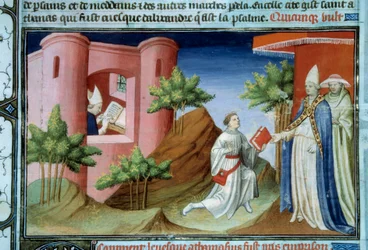 Pope Julius I met the Messenger of Athanasius of Alexandria at the time of the Council of Sardic. The messenger came to defend the position of the patriarch in exile in Alexandria. Miniature in The Book of Wonders of the World
