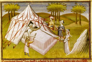 The Mongolian leader Genghis Khan on his deathbed giving his last recommendations to his sons, c. 1410