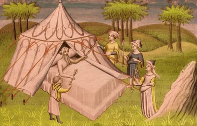 The Mongolian leader Genghis Khan on his deathbed giving his last recommendations to his sons, c.1410