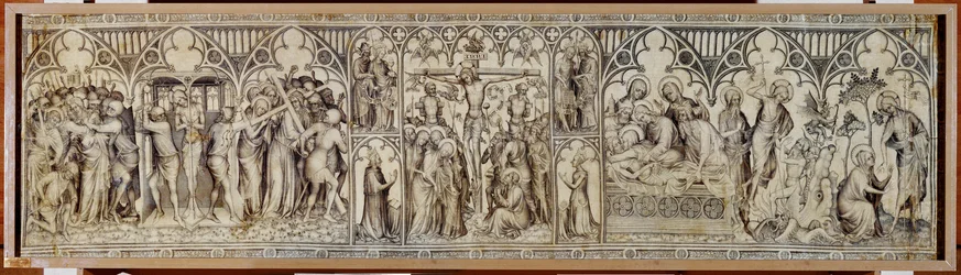 The Narbonne Altar: Christ taken prisoner, mocked, crown of thorns, crucifixion, entombment, resurrection