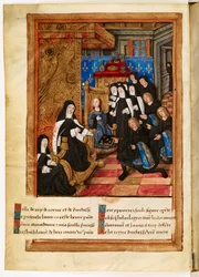 Commemoration and Warning of the Death of Madame Anne, Duchess of Brittany: Dedication Miniature Representing the Author Pierre Choque Giving His Work to Queen Anne of Brittany Who Designates Claude as Her Heiress