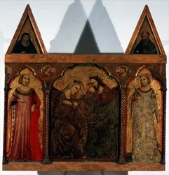 Triptych: Coronation of the Virgin flanked by two saints