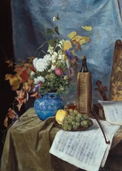 Arrangement with Wine Bottle, Flowers and Fruit