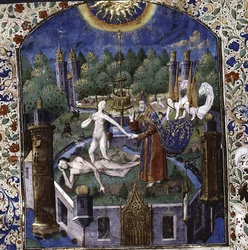 The creation of Eve from the body of the sleeping Adam From De cleres et nobles femmes by Giovanni Boccaccio
