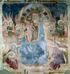 Virgin and Child Surrounded by Saints and Angels. Fresco by Matteo da Gualdo (ca. 1435-1507) Basilica of Saint Francois (San Francesco), Chiesa Superiore, Assisi