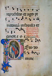Illuminated initial with the figure of Saint Michael Archangel defeating the demons, for choir book 5 of Santa Maria degli Angeli