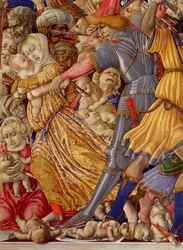 The Massacre of the Innocents, detail of a soldier preparing to stab a child and surrounding carnage, 1482, detail of 106233