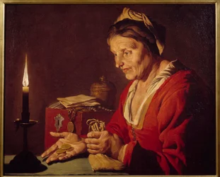 Avarice - An old woman looks at her gold coins, which she has just taken from her hiding place, in the light of a candle - Painting by Mathias Stomer (Matthias Stom) (1600-1650), Flemish school