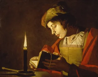 A Young Man Reading by Candlelight, by Matthias Stom (Stomer) (ca. 1600-after 1650). Oil on canvas, c. 1630. Dimensions: 58.5 x 73.5 cm. Nationalmuseum Stockholm