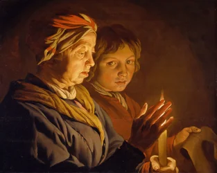 Old Woman And A Boy By Candlelight