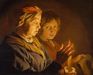 Old Woman And A Boy By Candlelight