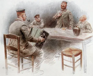 Prisoners playing accordion and singing in the prisoners camp in Dinan