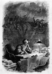 The French writer Alexandre Dumas (1802-1870) in his office writing “The Three Musketeers” in the early 1840s. Illustration by Maurice Leloir (1851-1940). Rights reserved