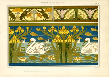 Decorative Borders with Swans, Insects and Iris