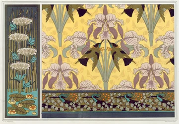 Design for wallpaper border, fabric and panel: Dragonflies, Waterlilies and Flowering Rush
