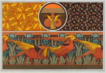 Designs for wallpaper border and fabric: Birds, Ladybirds and Maiden Hair Fern, pub. 1897