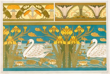 Designs for Wallpaper Border with Stag Beetles and Mushrooms