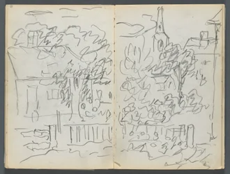 Sketchbook, The Dells, No. 127, page 084 & 85: Landscape with Houses and Spire
