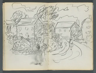 Sketchbook, The Dells, No. 127, page 102 & 103: Landscape with Houses and Road