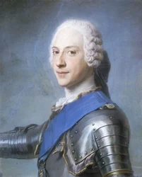 Portrait of Prince Charles Edward Stuart, bust length, in Profile to the Left, His Head Turned to the Front, His Right Arm Raised