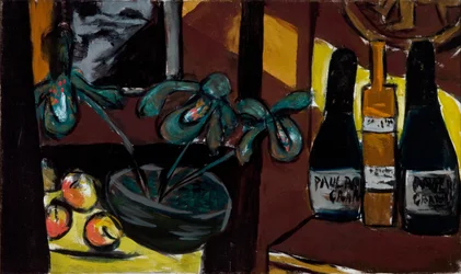 Still Life on Brown and Yellow (Champagne Bottles and Orchids)
