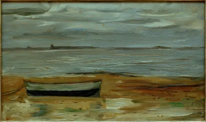 Beach with Gray Boat and Gray Sea