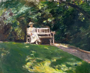 Figure of His Daughter on a White Garden Bench