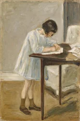 Granddaughter, standing girl writing