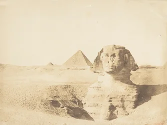 View of the Great Sphinx and the Great Pyramid of Menkaure