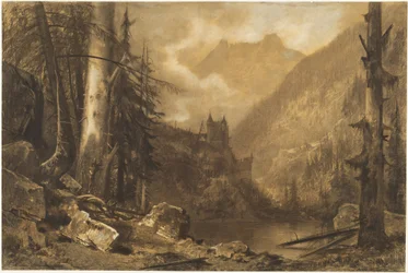 Alpine Castle above a Wooded Lake