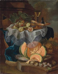 Figs, a Gilded Tazza with a Facon-de-Venise Wine Glass, on a Draped Table, a Cut Melon on a Pewter Platter with Plums on a Plinth