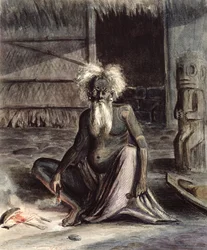 Old Man of Tahiti Seated near a Tiki