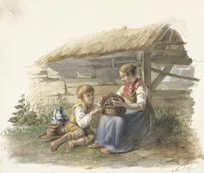 Girl and Boy with a Basket of Young Birds