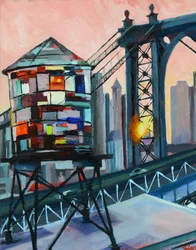 Manhattan Bridge with Water Tower at Sunset