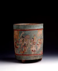 Pre-Columbian Art, Mayan Civilization, Classical Period: Cylindrical Vase in Polychrome Clay Decorated with a Ceremonial Scene with Characters in Procession. From La Lagunita, Quiche, Guatemala. Guatemala, Museo Nazionale di Archeologia