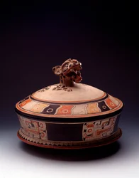 Pre-Columbian Art, Mayan Civilization, Initial Classical Period: Clay Vase with Lid Decorated with a Jaguar Head. From Tikal, Guatemala