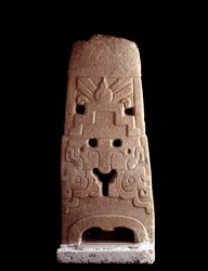 Pre-Columbian Art, Mayan Civilization, Pre-Classical Period: Stone Stele Decorated with the Stylistic Mask of a Deity. 600-1100 AD. From Saca Tepequez, Guatemala. Guatemala City, Museo Nazionale di Archeologia e Etnologia
