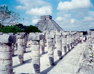 Precolombian civilization: view of the site of Chichen Itza in the Yucatan region. Mayan civilization, classical period and Mayan renaissance, 750-1200 AD. Mexico