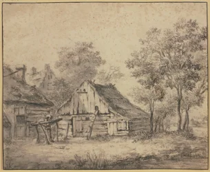 Houses beneath Trees, with a Wheel Mounted on a Post
