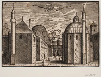 Three Mosques, Each with One Minaret; in the Sky a Flying Dragon with a Long Tail