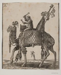 A Magnificently Equipped Dromedary with a Timpanist as Rider