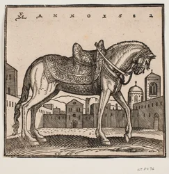 Elegant Saddled Horse, Profile to the Right, on a Rectangular Square