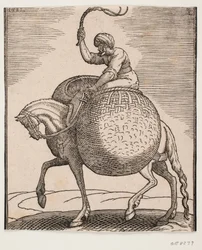 Horse with Rider and Two Spherical Baskets for Transporting Vegetables