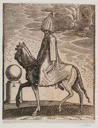 Rider Dressed in Long Coat and Pumpkin-like Headgear, Profile to the Left; Under the Cloak a Sword is Visible; Behind the Horse