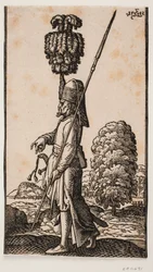 Soldier Bearing a Spear and a Sword, Seen in Profile Toward the Left, Standing in a Coastal Landscape; Behind Him, a Large Tree; His Headdress is Ornamented with a Colossal Plume