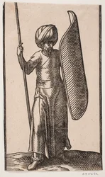 Standing Turban-Clad Soldier, Viewed from the Front; In His Right Hand, a Spear; On His Left Arm, a Curved Shield