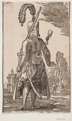 Standing Janissary Seen from Behind, Feathered Headgear, Rifle on Left Shoulder