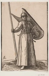 Standing Soldier with Helmet; in Right Hand a Lance, Top Outside Upper Frame Line; on Left Arm a Curved Shield, Seen from Inside; in Belt under Right Arm a Curved Dagger, at Left Side a Sword