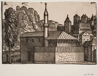 Unidentified Mosque with One Minaret, Tall Tree to the Left